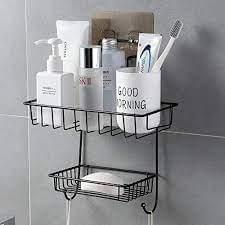 2 Layer Multipurpose Wall Rack, Kitchen Bathroom Corner Shelf Organizer, Bathroom Shower Caddy Basket, Soap Dish Holder Shelf With Hooks, Hanging Shower Caddy Rack, Self Adhesive Storage Organizer